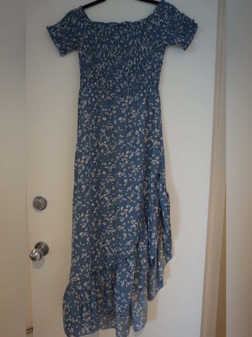 Simple Blue Floral Maxi Dress with Smocked Bodice - Picture 5 of 5